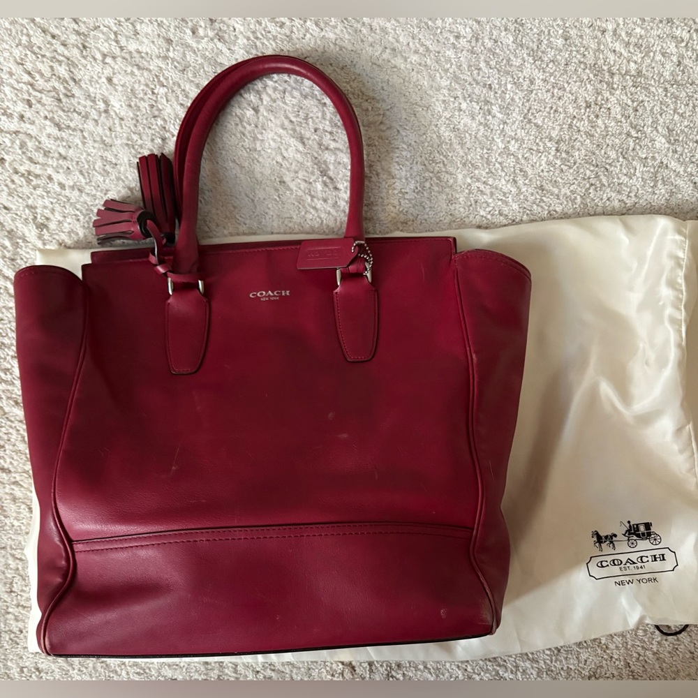 Coach red leather tote bag
